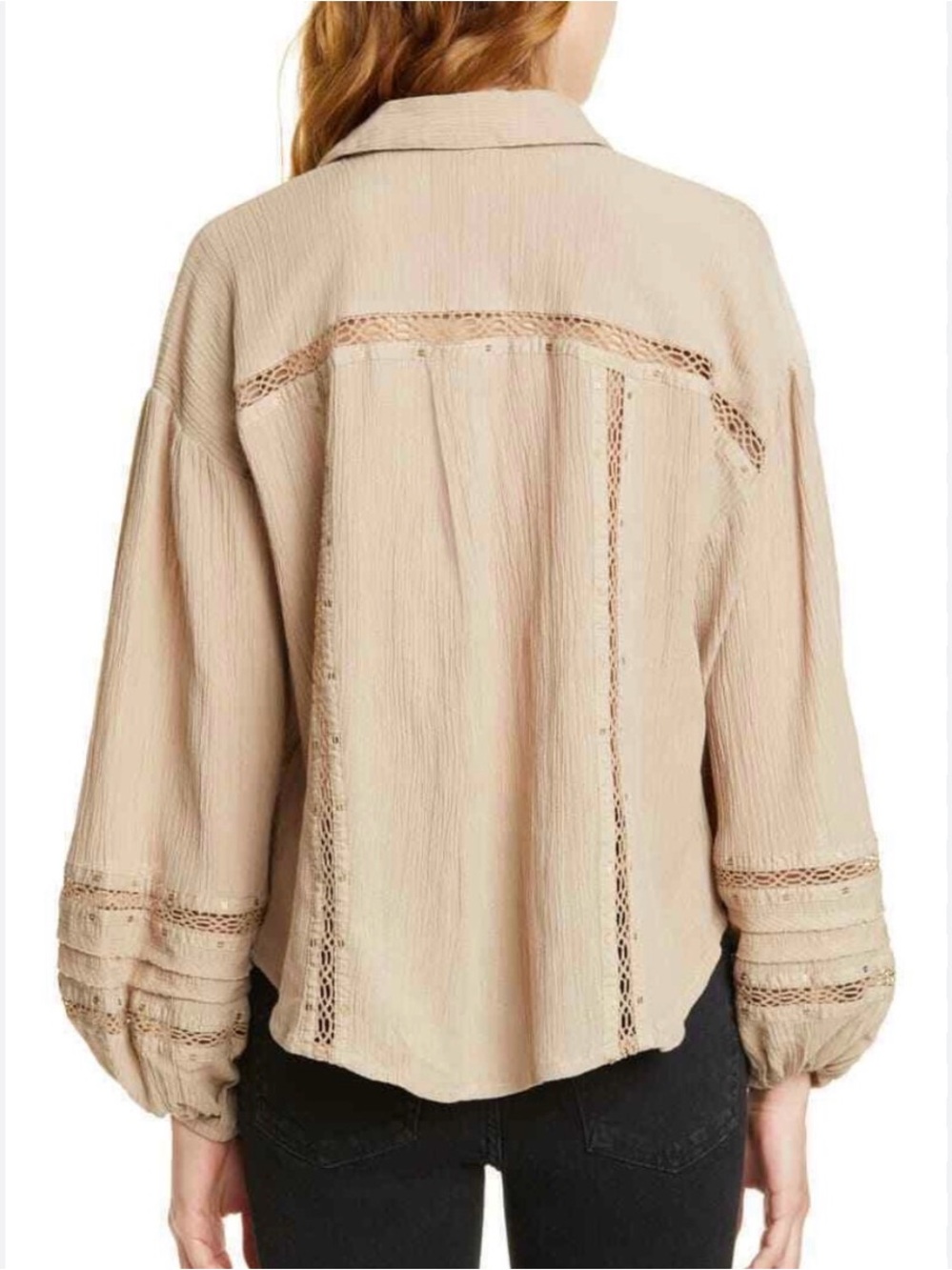 Free People Tan Gauze Crochet Lace Sequin Button Down Blouse Top